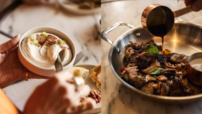 La 'ikra' y la paletilla de Cordero asada con granada y yogur de Lora (Barcelona) / Cedida La 'ikra' y la paletilla de Cordero asada con granada y yogur de Lora (Barcelona) / Cedida