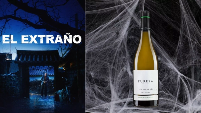 Cartel de la película 'El Extraño' y vino Pureza de Pepe Mendoza / Hule y Mantel Cartel de la película 'El Extraño' y vino Pureza de Pepe Mendoza / Hule y Mantel