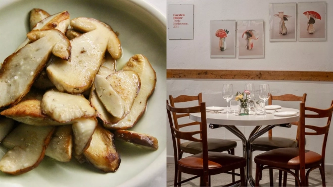 Platos de ceps e interior del restaurante El Brote (Madrid) / Cedida Platos de ceps e interior del restaurante El Brote (Madrid) / Cedida