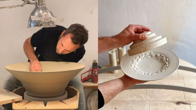 Joan Marcet en su taller y plato creado para el chef Joan Caballo, inspirado en la Menorca Rural / Instagram Joan Marcet en su taller y plato creado para el chef Joan Caballo, inspirado en la Menorca Rural / Instagram