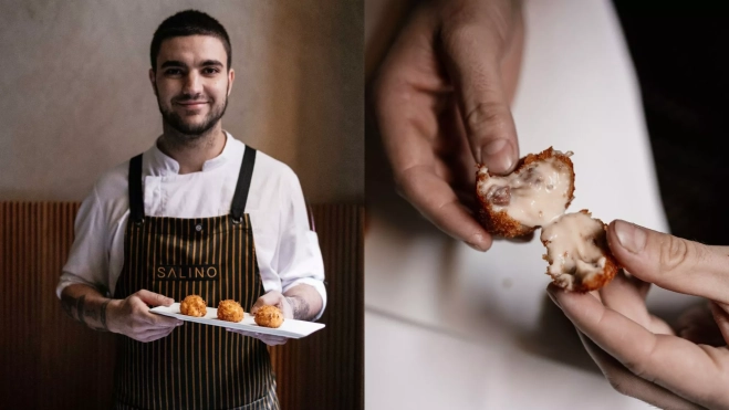 El cocinero Alejandro Cano y la croqueta de Salino (Madrid) / Cedida El cocinero Alejandro Cano y la croqueta de Salino (Madrid) / Cedida