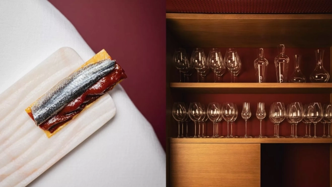 Uno de los pases del menú de Miquel Pardo en Melós (Barcelona) y detalle de la sala / Cedida Uno de los pases del menú de Miquel Pardo en Melós (Barcelona) y detalle de la sala / Cedida