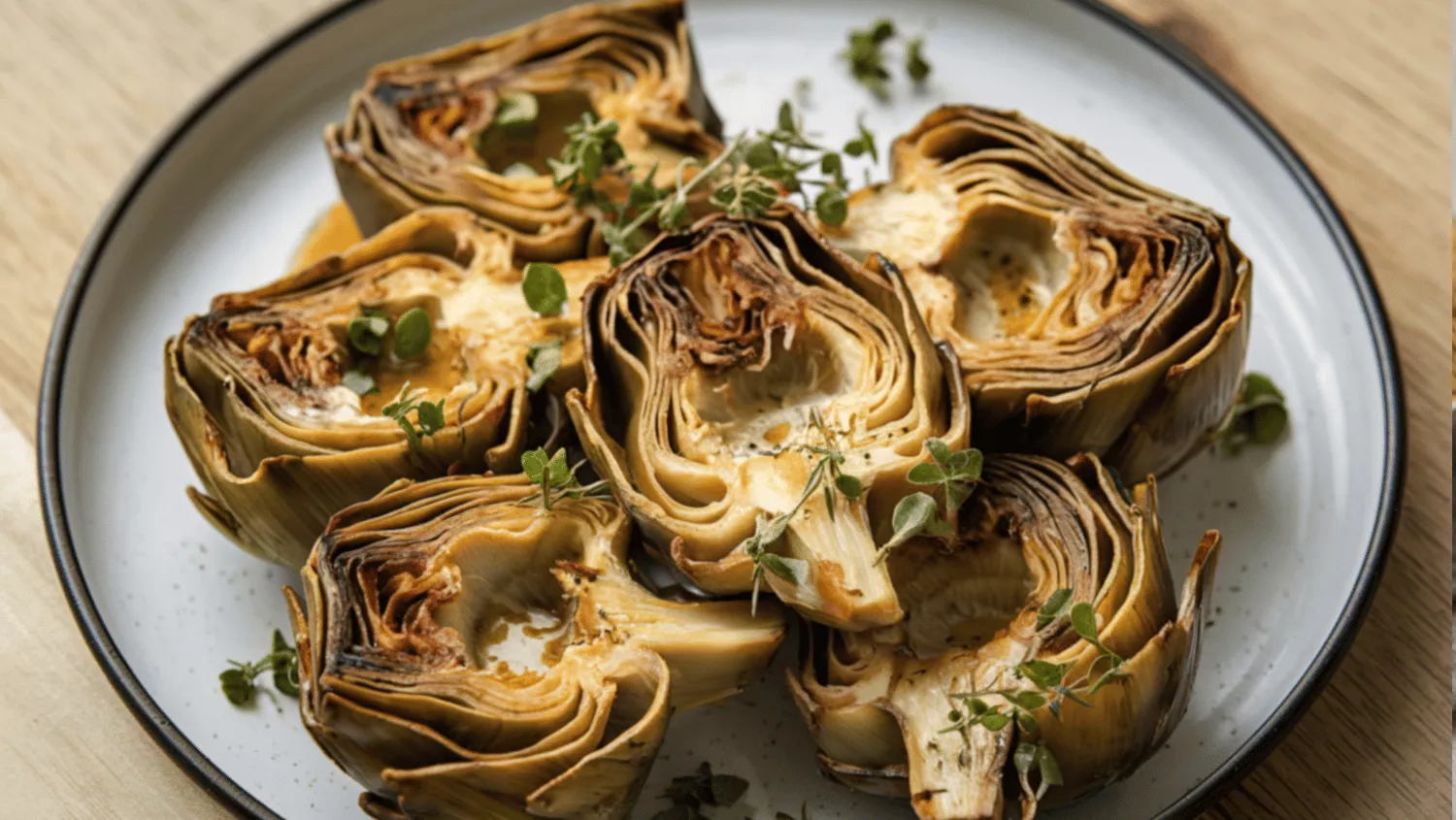 Plato de alcachofas cortadas por la mitad y asadas al horno / CANVA / Cómo cocinar alcachofas: trucos y recetas fáciles que transformarán tus platos esta temporada
