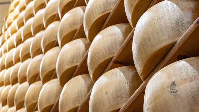 Ruedas de Parmigiano Reggiano en la quesería 4 Madonne Caseificio dell'Emilia (Módena) / Txaber Allué Ruedas de Parmigiano Reggiano en la quesería 4 Madonne Caseificio dell'Emilia (Módena) / Txaber Allué