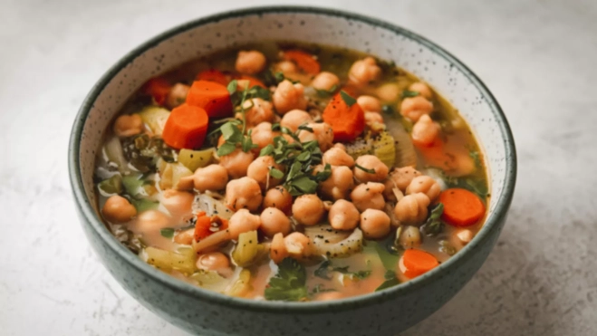 Cuenco de guiso ligero de verduras con garbanzos / Canva Cuenco de guiso ligero de verduras con garbanzos / Canva