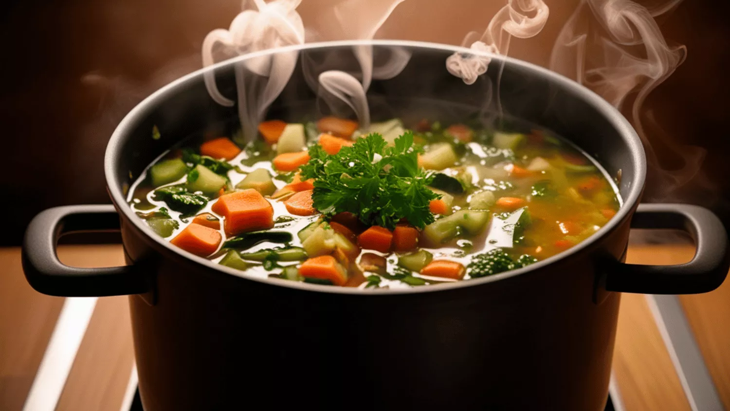 Olla negra al fuego con un guiso de verduras en plena cocción / Canva