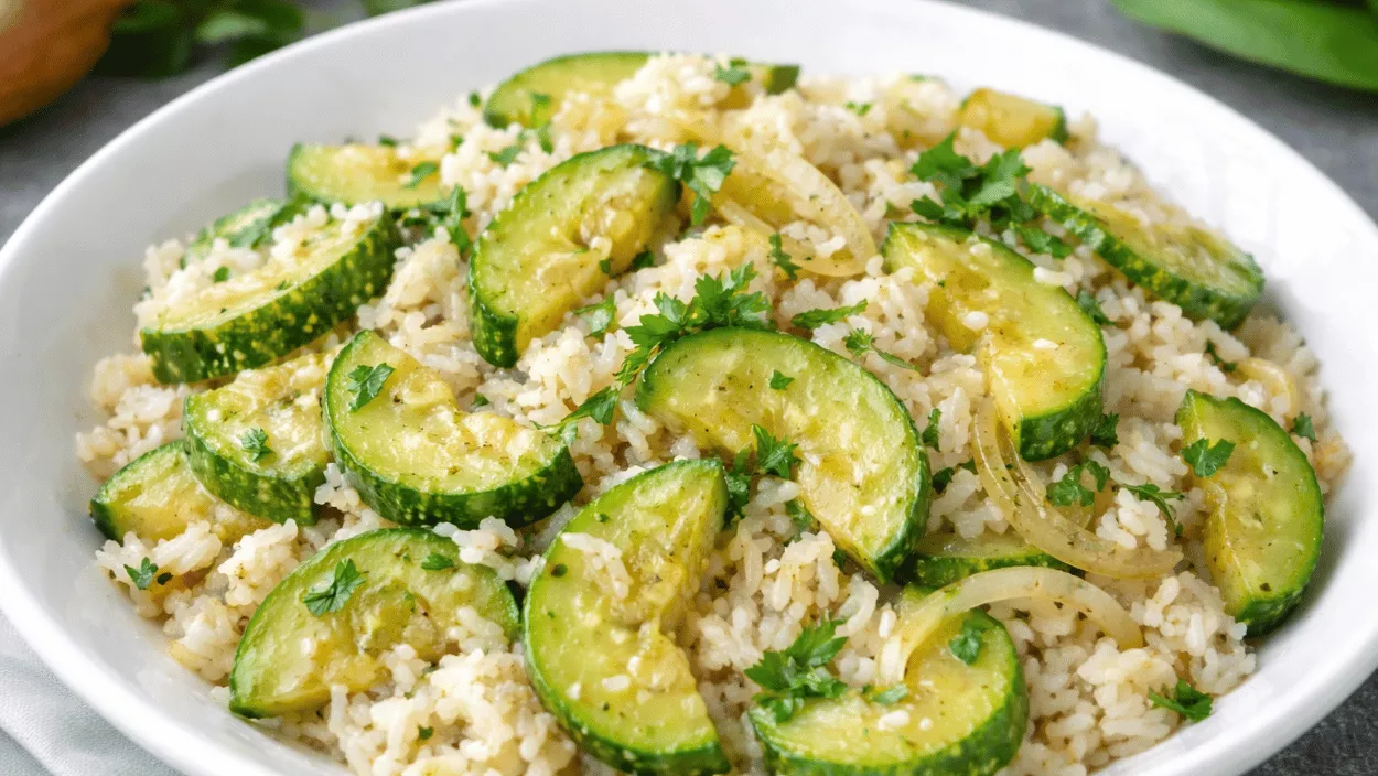 Plato de arroz salteado con pepino, cebolla y un toque de hierbas frescas / Canva