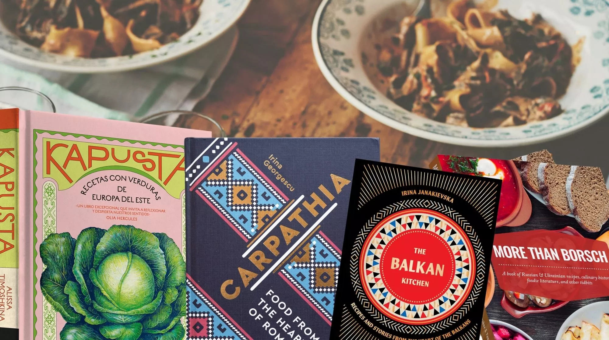 Fotomontaje de varias recomendaciones de Hule y Mantel para Sant Jordi y un plato de Europa del este de fondo