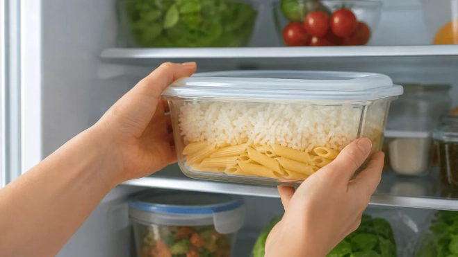 Recipiente con arroz y pasta cocidos guardado en la nevera / CANVA