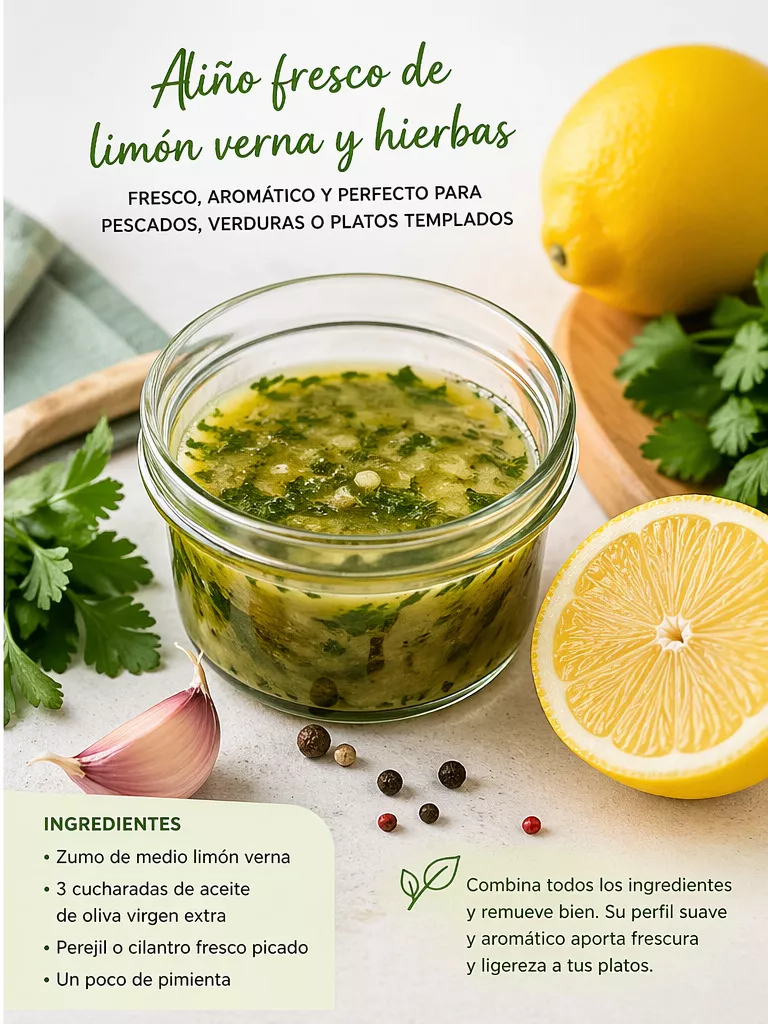 Receta de aliño fresco de limón verna y hierbas - CEDIDA