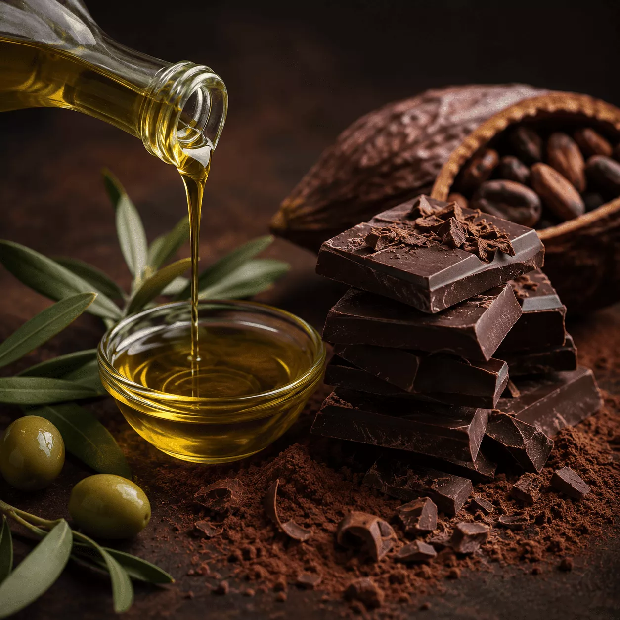 Bol pequeño de aceite de oliva al lado de piezas de chocolate | Canva