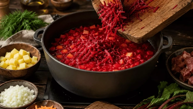 Se incorpora la remolacha a la olla para preparar el borsch|Canva Se incorpora la remolacha a la olla para preparar el borsch|Canva