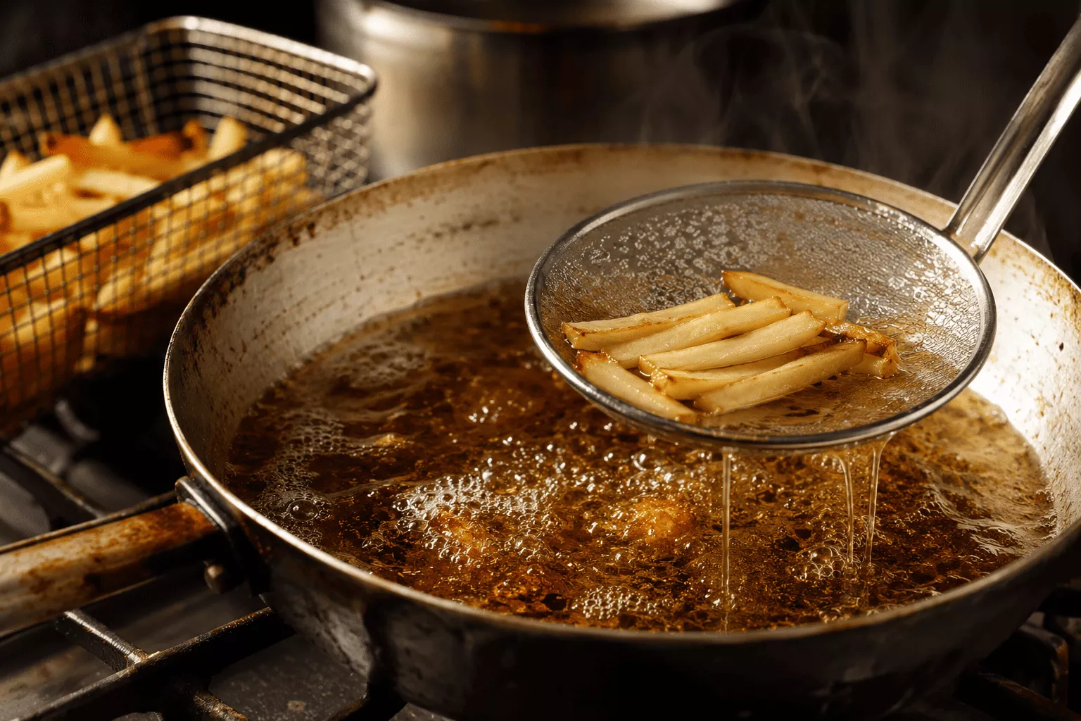 Aceite reutilizado varias veces durante una fritura intensa, con restos de alimentos | Canva