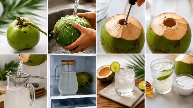 Pasos para preparar agua de coco |Fotomontaje Hule y Mantel Pasos para preparar agua de coco |Fotomontaje Hule y Mantel