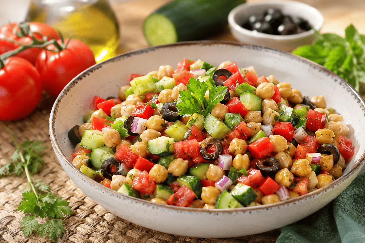 Ensalada de garbanzos con tomate, pepino, pimiento, cebolla y aceitunas | Canva