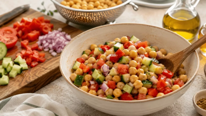 Ensalada de garbanzos recién preparada con tomate, pepino, pimiento y cebolla | Canva
