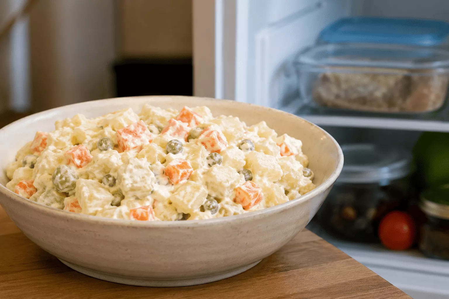 Un bol de ensaladilla rusa recién preparada junto a un frigorífico abierto | Canva