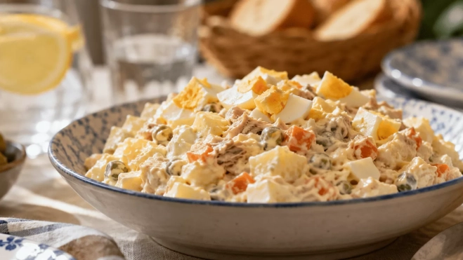 Plato de ensaladilla con huevo encima de una mesa | Canva
