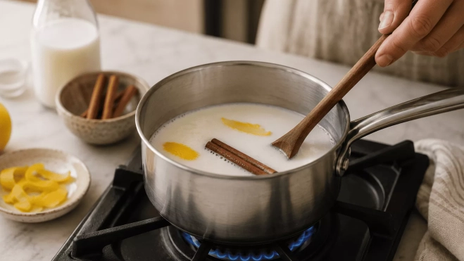 Cazo de leche infusionando con canela y piel de limón | Canva Cazo de leche infusionando con canela y piel de limón | Canva