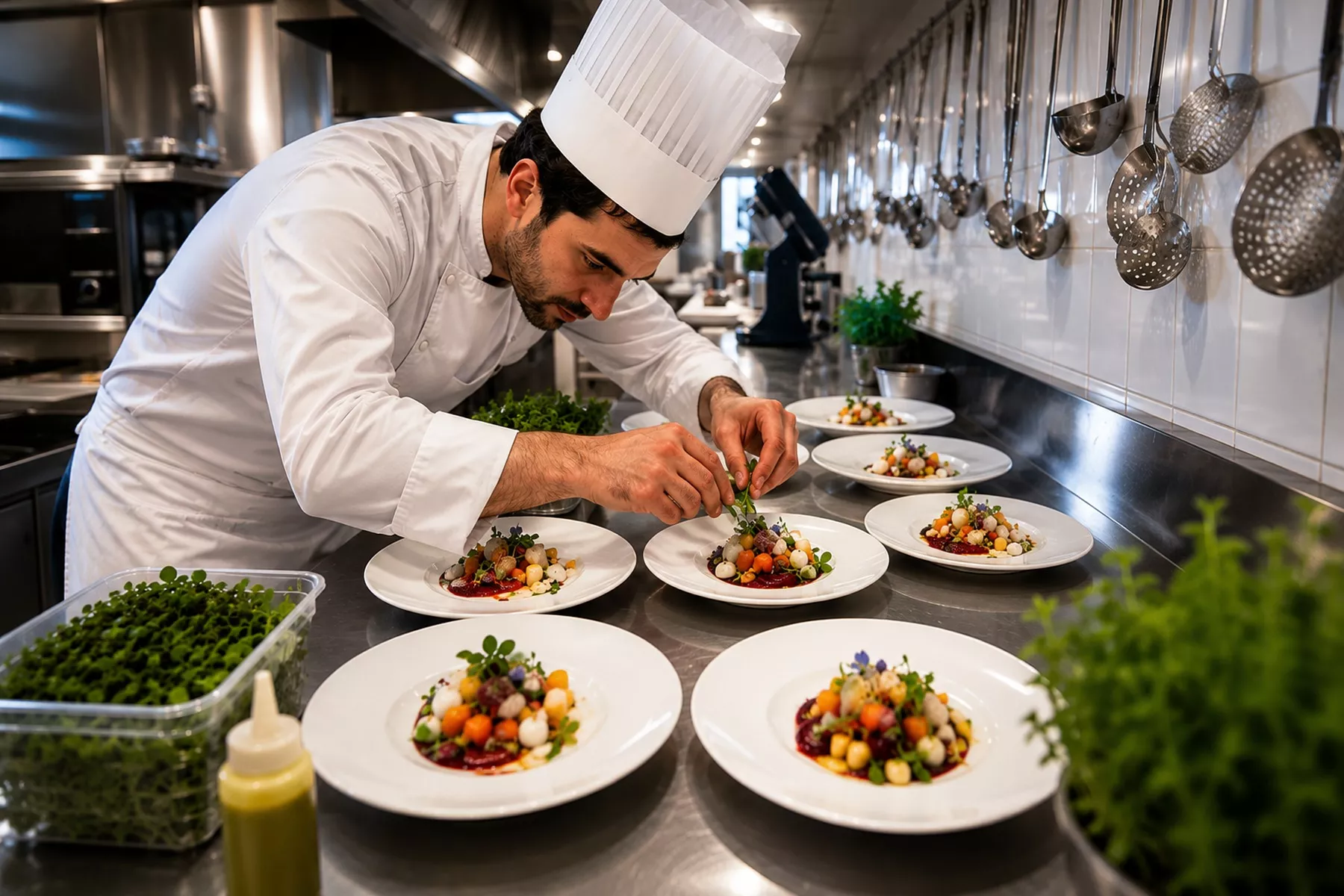 Chef español emplata platos creativos en una cocina luminosa.