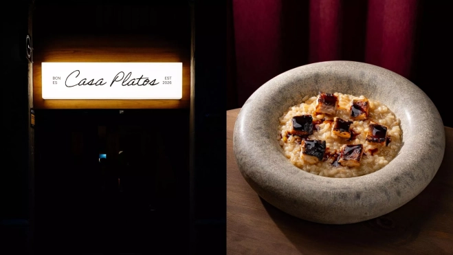 Entrada del restaurante Casa Platos en Barcelona y su arroz meloso de anguila / Cedida Entrada del restaurante Casa Platos en Barcelona y su arroz meloso de anguila / Cedida
