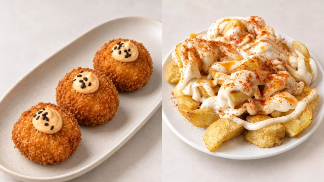 Croquetas de Cinco Hermanos y las míticas bravas de La Esquinica / Cedida Croquetas de Cinco Hermanos y las míticas bravas de La Esquinica / Cedida