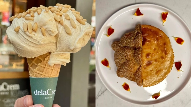 El helado de panellet de DelaCrem y la tarta de queso de pan de muerto de Jon Cake / cedida El helado de panellet de DelaCrem y la tarta de queso de pan de muerto de Jon Cake / cedida