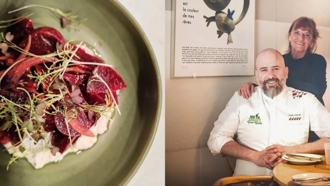 Pere Carrió, chef del restaurante El Gat Blau (Barcelona), y uno de sus platos / Instagram